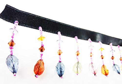 5 Yards Hanging Beaded Fringes- Multi Colors Crystal Fringe On Satin Ribbon Tape For Sewing Quilting Renaissance Dance Hawaiian Bridal Costumes Drapery Home Décor Lampshade- Value 5 Yards #TOP2