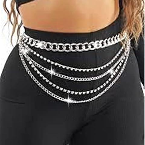 Zookey Boho Rhinestone Waist Chain Silver Layered Body Chain Belt Rave Waist Chain Summer Beach Party Body Chains for Women and Girls Cover
