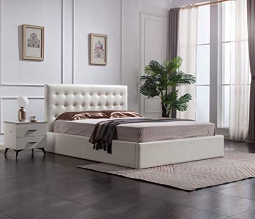 Greatime Storage Bed, Full Size Bed, White Leatherette Contemporary Bed, Modern Tufted Headboard, Strong Wood Slats Support Platform Bed #TOP19