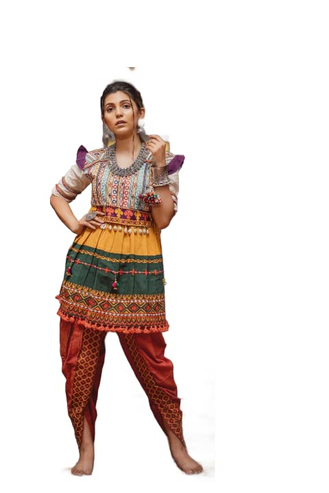 Krisha KraftsWomen Indian Cotton Gujarati Garba Dandiya Navratri Rakhi Special Embroidered Kediya Dress Kurta with Dhoti Pants