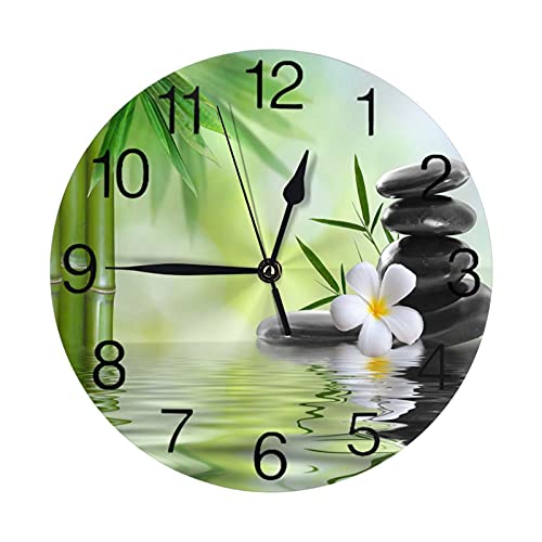 Cy-ril Spa Zen Pierres De Basalte en Bambou Horloge Murale Ronde Silencieuse Non Ticking À Piles Facile À Lire La Maison Décoratif Horloge Art Cover