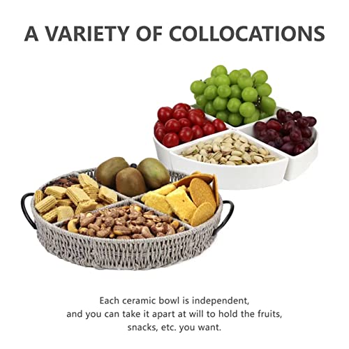 Round Woven Serving Tray With Handles,4 Divided Dishes Platters, Serving Bowls For Snack And Dip, Fruit, Veggie, Candies,Nut,Tray Food For Parties Picnics Breakfast Home Recreation(Φ12.8Inch) #TOP2