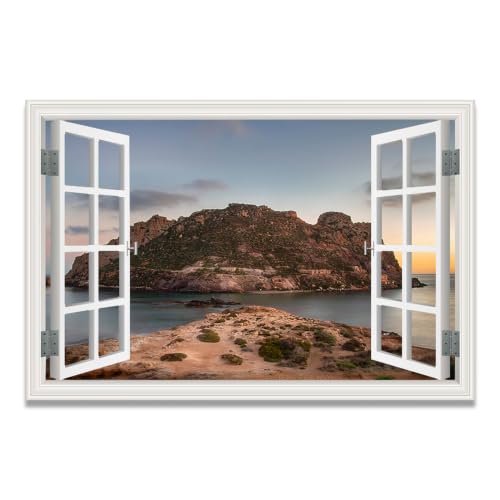 Cuadro lienzo efecto ventana con paisaje de lago para dar amplitud a dormitorios pequeños