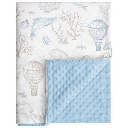 Image of CIVARUA KIDS Whale Baby Fleece Blanket Neutral for Boys Girls, Soft Kid Throw Minky Blanket Double Layer with Dotted Backing, 30 x 40 Inch Blue Whale Hot-air Balloon Print
