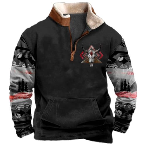 Men's Fall/Winter USA Flag Print Graphic Vintage Sweatshirt Fleece 1/4 Zipper Pullover with Pockets Plus Size