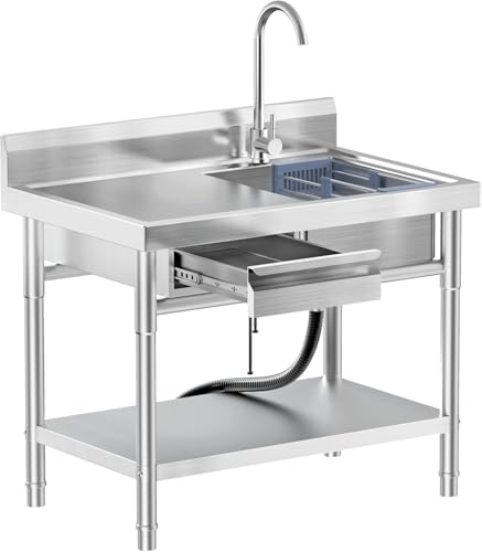 Image of 40 Inch Stainless Steel Utility Sink,Free Standing, Equipped With Hot and Cold Water Pipes, Workbench Drawers for Storage,Suitable for Kitchen, Bathroom, Farmhouse, and Outdoor Sinks.
