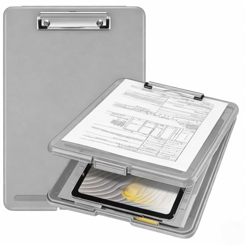 Image of YAJNAS A4 Foldable Plastic Clipboard with Built-in Storage and Pen Holder, Grey, 24 x 31 cm, for Office, Travel, Students, Teachers, Doctors, Nurses (Grey)