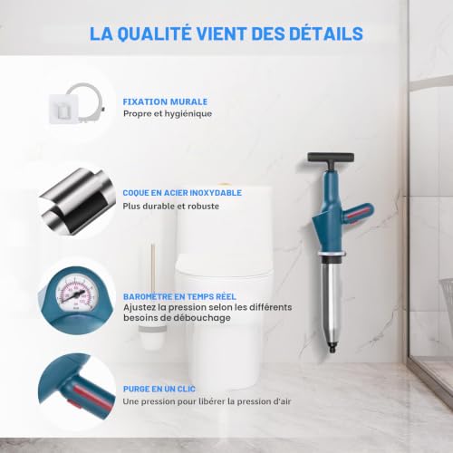 Déboucheur WC professionnel, Déboucheur de canalisations avec manomètre et pompe à air comprimé, 4 ventouses anti-éclaboussures avec crochet et spirale, pour toilettes, lavabos, baignoire, douche – vue 8