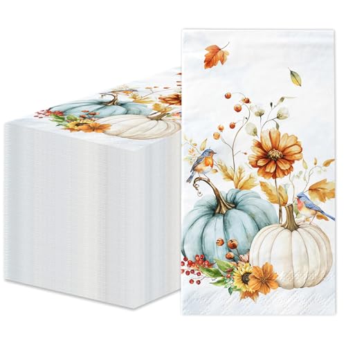 100Pcs Fall Pumpkin Paper Napkins Watercolor Floral Thanksgiving Napkins Fall Party Decorations Blue and White Pumpkin Napkin Disposable for Baby Shower Wedding Harvest Party Dinner Kitchen Bathroom