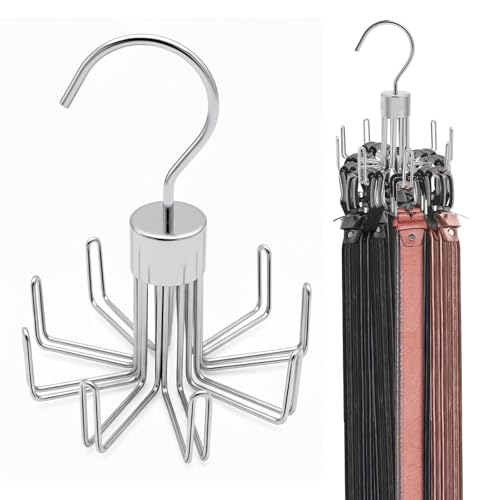 Belt Hanger for Closet, Rotatable Belt Organizer Closet Accessories Rack for Display, Holds up to 27 Items, 9 Large Non-Slip U-Shaped Holder Storage Hooks for Belt, Scarf, Silver
