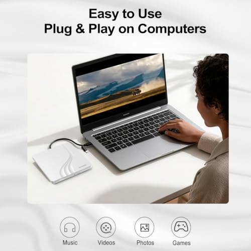 Image of External CD DVD Drive, 0.5″ Ultra Slim USB 3.0 Type-C DVD Player, CD DVD+ /-RW Optical Drive, Portable DVD CD Burner Reader Writer Recorder for Laptop, Desktop, Mac, Windows 11 /10 /8 /7, Linux, White