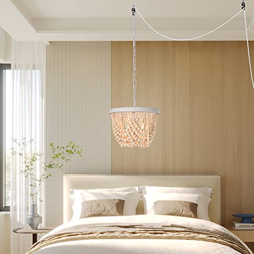 Plug In Chandelier Wood Beaded Chandelier With 20 Foot Hanging Cord 3 Light Boho Light Fixtures Ceiling Small Farmhouse Chandeliers For Bedrooms #TOP1