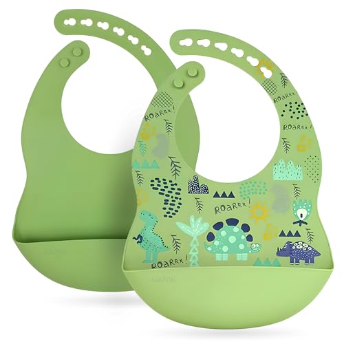 Lautoki® | Babero silicona bebe | Pack 2 Babero silicona | Sin BPA ni Tóxicos | Baberos bebe impermeables | Suave y con bolsillo canguro | BLW | Baberos silicona | Babete impermeável