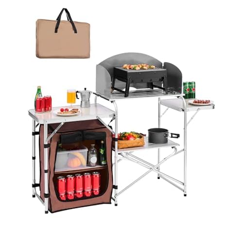VEVOR Camping Kitchen Table, Folding Outdoor Cooking Table with Storage Carrying Bag, Aluminum Cook Station 1 Cupboard & Detachable Windscreen, Quick Set-up for Picnics, BBQ, RV Traveling, Brown