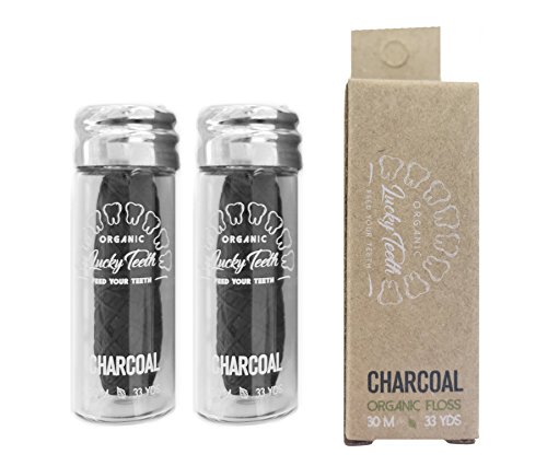Organic Bamboo Fibre with Activated Charcoal Floss in Glass Jar with Tea Tree and Peppermint essential oils 30 m / 33 yds - by Lucky Teeth (2 Pack)