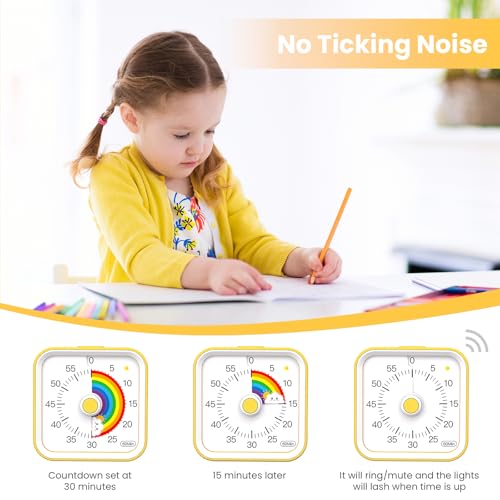 InfPokid Visueller Timer Kinder mit Pausenfunktion, 60 Minuten Countdown Regenbogen Timer für Kinder Schreibtischstudie, Klassenzimmer, Büro, Küche, Leises Zeitmanagement für ADHS (Gelb Regenbogen) 3