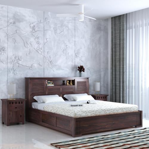 Image of Ganpati Arts Maharaja Groove Solid Sheesham Wood King Size Bed with Box & Headboard Storage | Wooden Double Bed Cot Palang for Bedroom, Living Room & Home | Walnut Finish