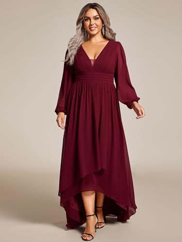 Ever-Pretty Plus Women's Gorgeous Plus Size V Neck Lantern Sleeves Pleated A Line High Low Wedding Guest Dresses 02043-DA3