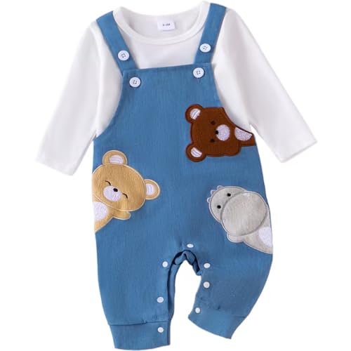 Carolilly Infant Baby Boys Embroidery Animals Outfits Newborn Baby Boys Long Sleeve Tshirt Top + Overall Pants Toddler Clothes 2 Piece Clothing Sets (White, 0-3 Months)