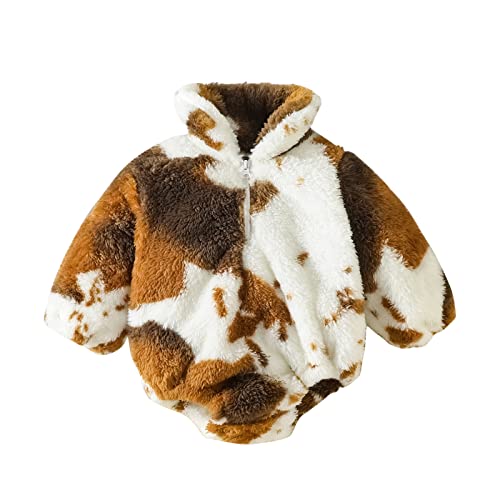 Image of LXXIASHI Infant Baby Fleece Romper Winter Furry Jumpsuit Long Sleeve Stand Collar Cow Print Playsuit (Brown Cow Print, 0-6 Months)