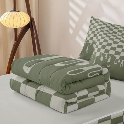 Image of Beige Sage Green Checkered Soft Zipper Bedding Set Twin,Skin-Friendly Checkerboard Drip Quilted Comforter with Fitted Sheet & Pillowcases,Grunge Aesthetic Geometric Lightweight All Season Bed in a Bag