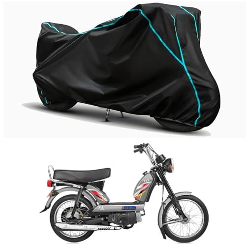 Image of Waterproof Bike Body Cover Compatible for | TVS XL100 Heavy Duty | Taffeta Fabric, Sky Piping Design, Bottom Elastic Fit | Dustproof, Sun UV & Rain Protection for All Weather.