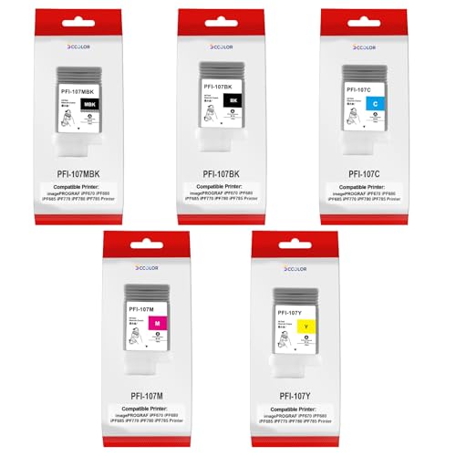 PFI-107 Pigment Ink Compatible for Canon PFI-107MBK PFI-107BK PFI-107C PFI-107M PFI-107Y Replacement for Canon imagePROGRAF IPF670 IPF680 IPF770 IPF780 IPF785 Printer 6-Pack 130ML
