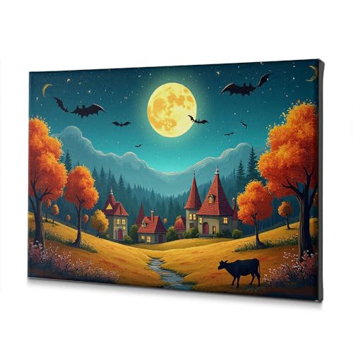 Toile de salle de bain Halloween rideau d'arbres d'automne et tableau lune mystique salon 40x60