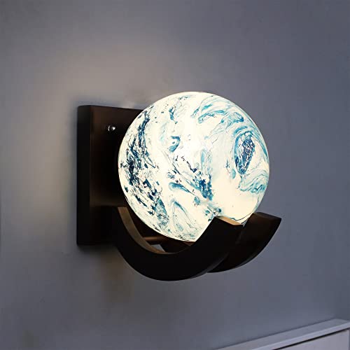 Homesake® Nordic Wooden Wall Lamps, Zedo E27 Sconces with Marble Glass Shades (Blue)