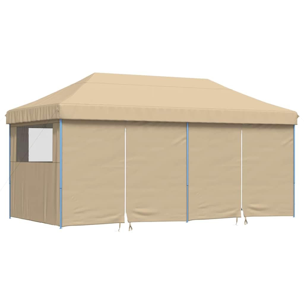 Tienda de campaña plegable de color beige con 4 paneles laterales y ventanas, ideal para eventos al aire libre como bodas, fiestas y festivales