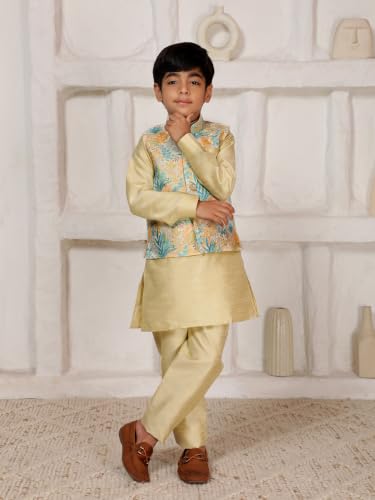 Image of Pro-Ethic Style Developer Kids Kurta Set For Boys With Waist Coat, Ethnic Wear for Diwali, Eid, Raksha Bandhan, Jacquard, Floral Print (Pack of 1)