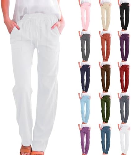 Linen Pants Women High Waisted Drawstring Straight Leg Pant Casual Summer Trousers with Pockets Resort Wear 2026