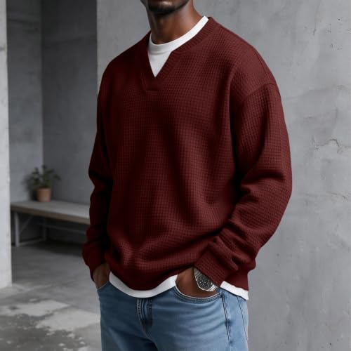 Waffle Shirts for Men Long Sleeve V Neck Fake 2 Piece Casual Layered Shirt - image 3