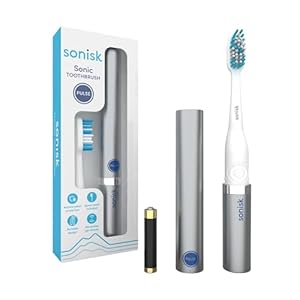 Sonisk Pulse | Battery Powered Electric Toothbrush | Portable Travel Size with Antimicrobial Sonic Technology | 1x Battery, 2X Brush Heads, 1x Travel Case Included (Metallic Silver)