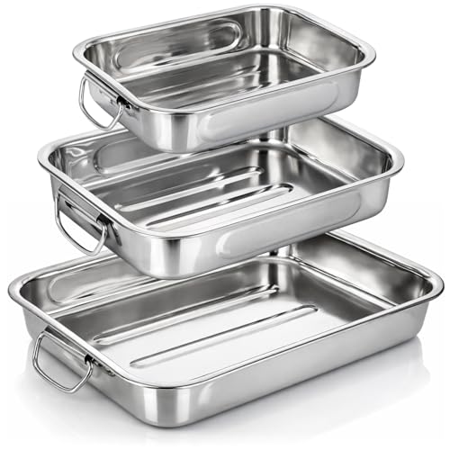 COM-FOUR® set di teglie e teglie da 3 pezzi - teglia in acciaio inossidabile con manici - casseruola in acciaio inossidabile per cucinare e cuocere al forno - pirofila (argento - 3 parti)