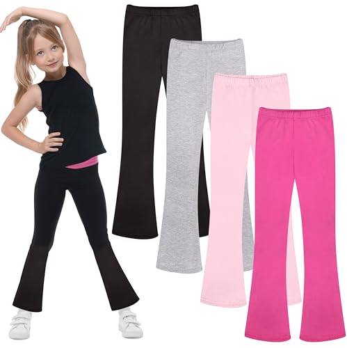 FEQO 4 Pack Girls Flare Leggings Pants Girl Cotton Leggings Bell Bottoms 5-6 Years(Black, Light Gray, Rose Red, Pink)