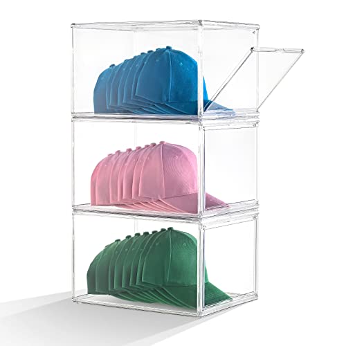 Hat Organizer Box For Baseball Caps, 3 Packs Baseball Cap Organizer, Hat Cap Acrylic Display Case, Clear Hat/Cap Storage Organizer For Closet, Baseball Hat Organizer, Stackable Cap Holder Organzier #TOP4