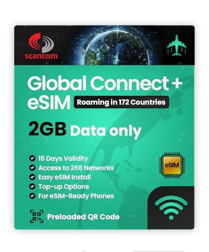 Global Roaming eSIM – 172 pays, 268 réseaux – Pour appareils compatibles eSIM – Activation du code QR eSIM – Parfait pour les voyages