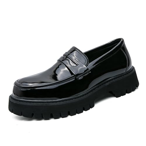 Image of Men's Leather Platform Chunky Slip-On Penny Loafers Classic Round Toe Lug Sole Business Casual Formal Work Shoes