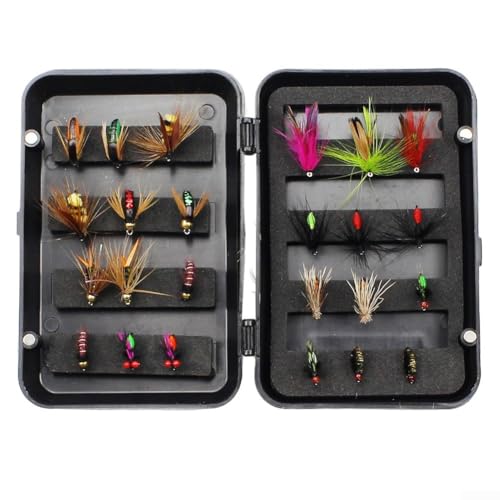Yhenlovtt Juego de moscas con 24/32 piezas en seco y húmedo, hecho a mano y Grayling Surtido de ninfas, pesca con mosca, juego de hormigas para pesca de lubina, trucha, salmón y señuelo (C24 piezas)