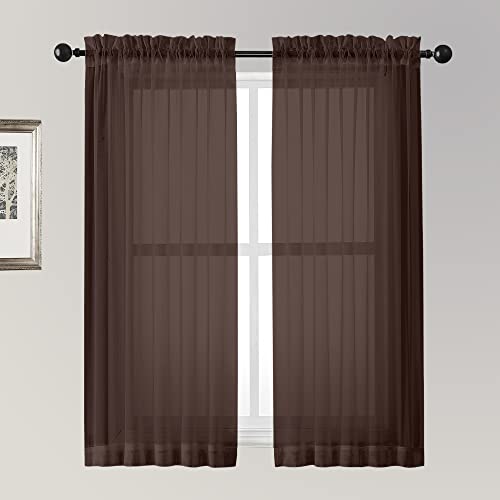 Ovzme 2 Panels Sheer Curtains 63 Inches Long Light Weight Soft Voile Drapes, Window Curtain Sheers Elegant Rod Pocket Top For Basement Kitchen Bedroom Living Room, Each Is 42W X 63L, Brown Chocolate #TOP16