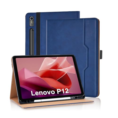 Coque pour Lenovo Tab P12 12.7 pouces, housse en cuir PU bleu avec support de protection