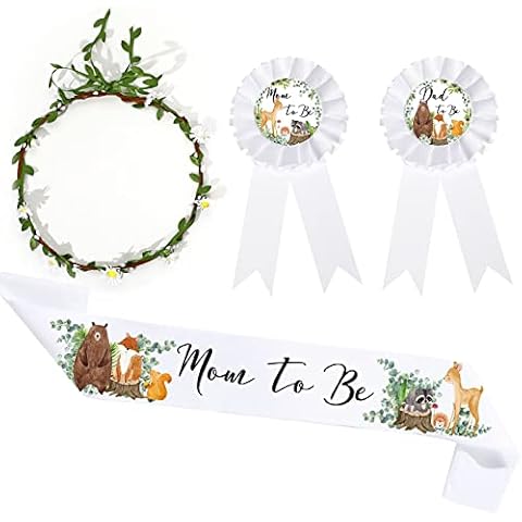 Xinnun 4 Pieces Mom to Be Sash Baby Shower Woodland Animal Themed Mom to Be Sash for Mom and Dad Corsage Pin with Sage Green Leaf Flowers Crown for Baby Shower Party Favors Gender Reveal(White) Cover
