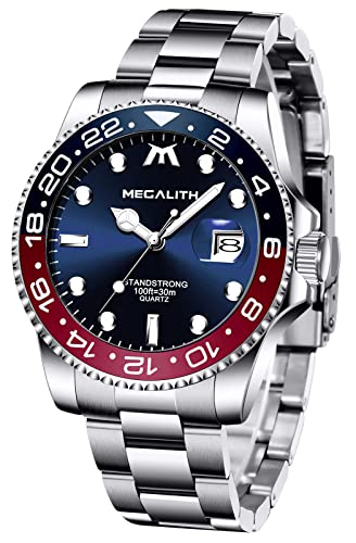 MEGALITH Herren Uhr Edelstahl Wasserdicht Analoge Uhren für Herren Geschäfts Quarz Herrenuhr GMT Luxus Designer Leuchtende Silber Herren Armbanduhren mit Datum Cover