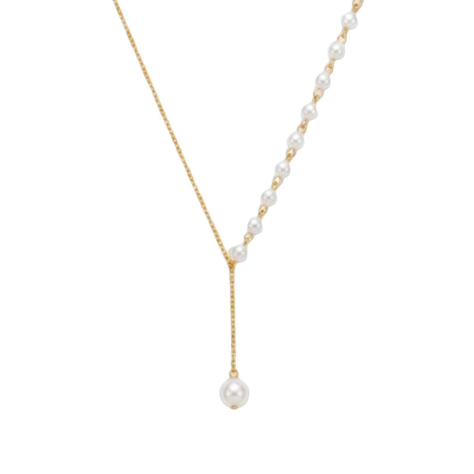 Asymmetrical Pearl Necklace Half Chain Half White Pearl Choker with Drop Pendant | Elegant Y-Shaped Gold Plated Indo-Western Neckpiece-image-32