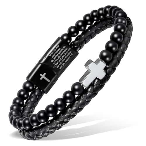 Pulsera de cuero negro con cruz para hombre miniatura 1