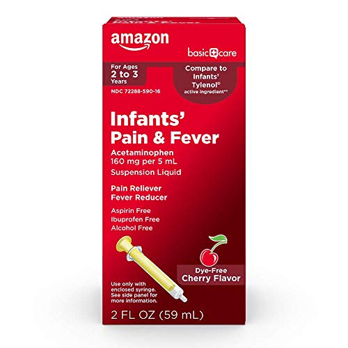 Image of Amazon Basic Care Infants' Pain & Fever, Acetaminophen 160 mg per 5 mL, Suspension Liquid, Dye-Free Cherry Flavor, 2 fl oz (Pack of 1)