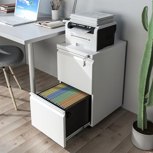 BIZOEIRON 2 Drawer Mobile File Cabinet, Under Desk Metal Filing Cabinet with Lock and Wheels, Rolling File Cabinet for Home Office Legal/Letter/A4 File (White) - Thumbnail 4