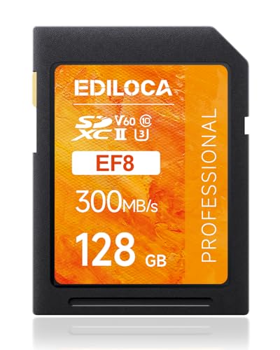 Ediloca SD Card 128GB V60 Memory Card up to 300MB/s Read 100MB/s Write UHS-II Class 10 U3 Ideal SD Card for Professional 4K/6K Video and Photography Shockproof & Waterproof (EF8)