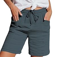 Shorts Damen 2025 Leinen Musselin Shorts Beach Mit Taschen Mode Lässige Stoffhose Freizeit Stretch Gerades Bein Mit Kordelzug Dark Gray L